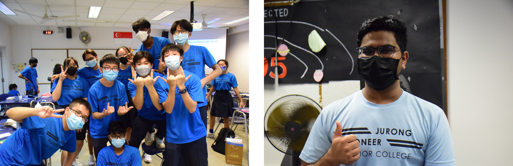 Students in blue Jurong Pioneer Junior College shirts wearing masks pose in a classroom; one man gives a thumbs up.